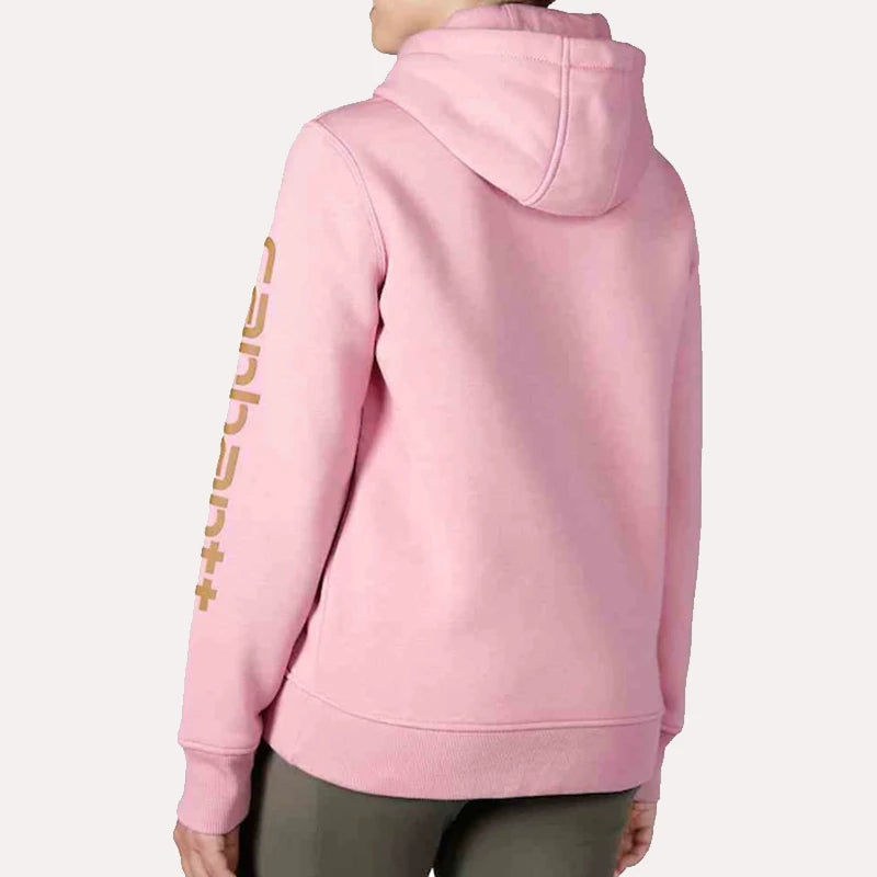 Pink Carhartt Sleeve Logo Hoodie Hoodie unisex detail view 3 | Dash Racegear — Side profile of the Carhartt pink hoodie, highlighting the oversized fit and rib-knit cuffs.