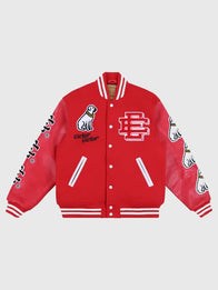 EE Victor Victor Varsity Jacket Varsity Jacket unisex front product view | Dash Racegear — Eric Emanuel Victor Victor Varsity Jacket Red featuring bold streetwear energy and classic varsity silhouette with premium finish.