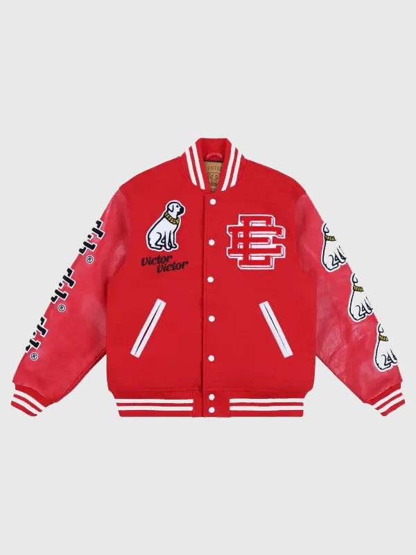 EE Victor Victor Varsity Jacket Varsity Jacket unisex front product view | Dash Racegear — Eric Emanuel Victor Victor Varsity Jacket Red featuring bold streetwear energy and classic varsity silhouette with premium finish.