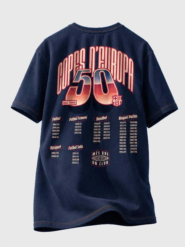 Barcelona FC 50 European Cups T-Shirt Shirt unisex front product view | Dash Racegear — FC Barcelona 50 Copes D’Europa T-Shirt in Navy for Unisex with historic club recognition and a classic everyday fan tee