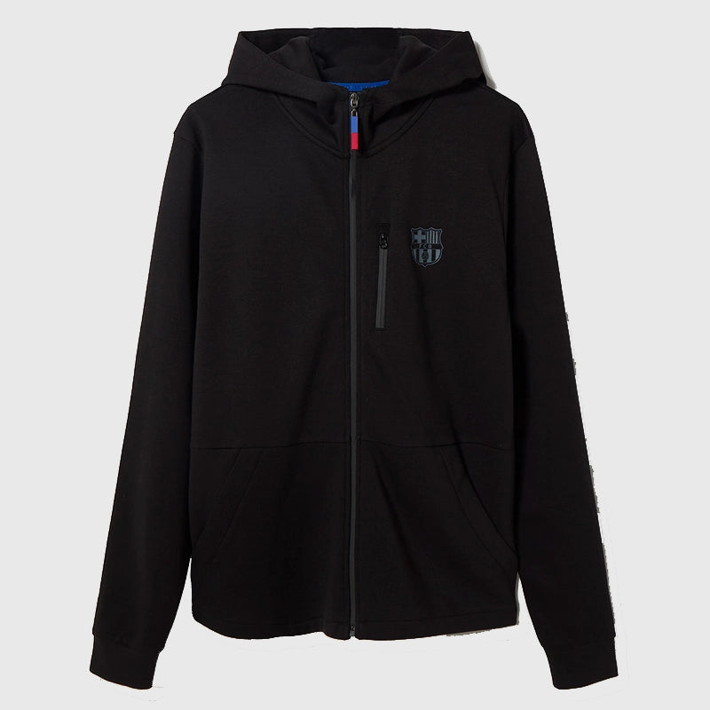Barca FC Shield Hoodie Jacket Jacket unisex detail view 3 | Dash Racegear — Black unisex zip-up fleece hoodie with FC Barcelona shield logo.