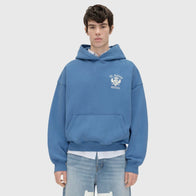 St. Rhude Seal Pullover Hoodie Hoodie unisex front product view | Dash Racegear — Lifestyle image of St. Rhude Hotel Seal royal blue hoodie.