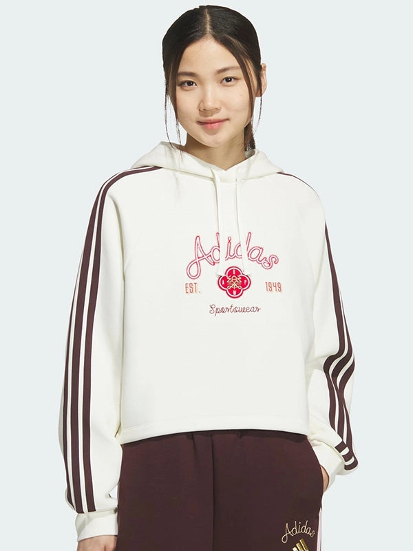 Adidas Lunar New Year Hoodie Hoodie unisex detail view 3 | Dash Racegear — Lunar New Year 2026 recreation hooded sweatshirt in off-white fleece designed for comfort with a clean, modern look