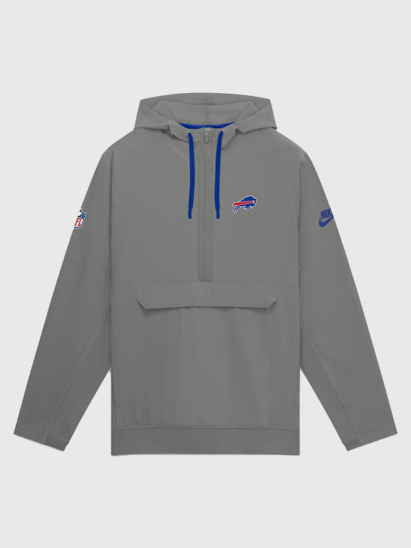Buffalo Bills Nike Sideline Broken Rules Anorak Jacket Jacket unisex front product view | Dash Racegear — Buffalo Bills 2026 Nike Sideline Broken Rules Alternate Anorak Half-Zip Hooded Jacket in Gray featuring premium comfort and football-inspired…