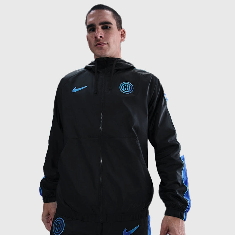 Nike Inter Milan Sport Essentials Track Jacket Jacket unisex detail view 5 | Dash Racegear — Inter Milan Nike Sport Essentials hooded track jacket in a sleek blue and black woven design.