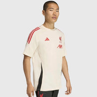 LFC Adidas 25/26 Domestic Training Tee Fashion Apparel unisex detail view 2 | Dash Racegear — Beige training t-shirt featuring Liverpool FC crest and Adidas logo on chest