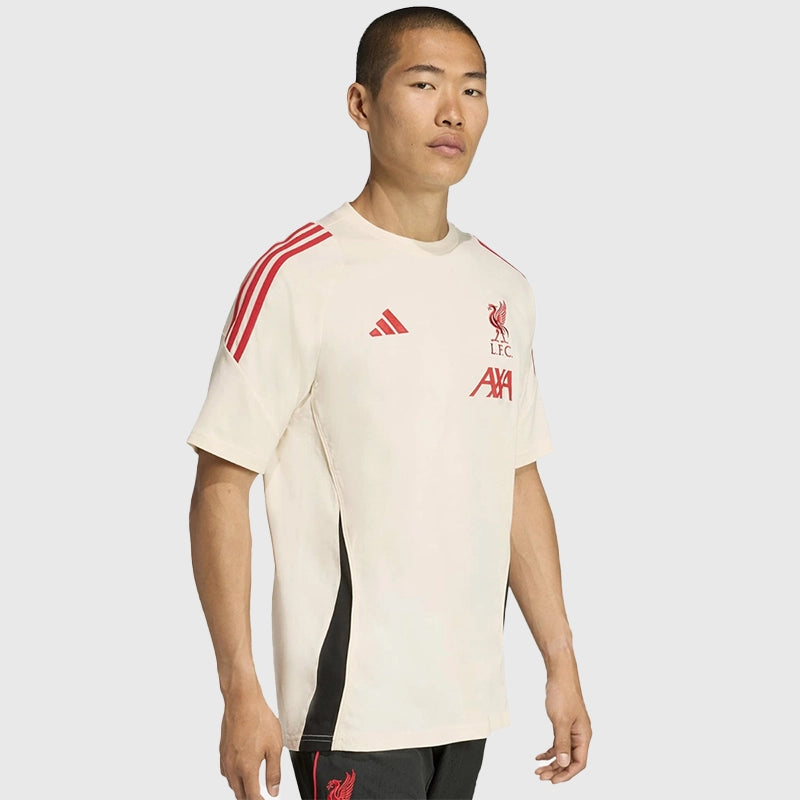 LFC Adidas 25/26 Domestic Training Tee Fashion Apparel unisex detail view 2 | Dash Racegear — Beige training t-shirt featuring Liverpool FC crest and Adidas logo on chest