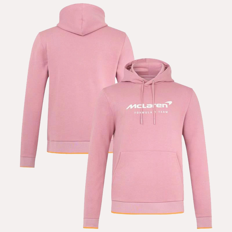 McLaren Essential Logo Hoodie Pink Hoodie unisex front product view | Dash Racegear — Pink McLaren Hoodie – Essential Logo Edition