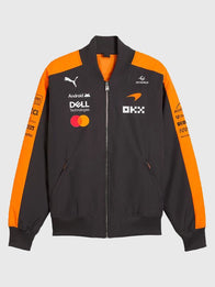 McLaren F1 PUMA 2026 Team Bomber Jacket Bomber Jacket unisex front product view | Dash Racegear — Unisex McLaren F1 PUMA 2026 black and orange bomber jacket with team branding for race-day style and streetwear.