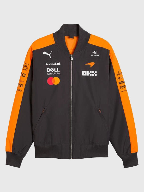 McLaren F1 PUMA 2026 Team Bomber Jacket Bomber Jacket unisex front product view | Dash Racegear — Unisex McLaren F1 PUMA 2026 black and orange bomber jacket with team branding for race-day style and streetwear.
