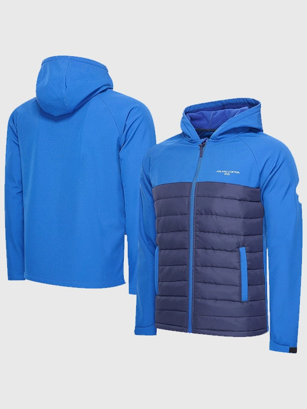 Milano Cortina 2026 Olympics Softshell Hooded Jacket Jacket unisex front product view | Dash Racegear — Blue Milano Cortina 2026 Olympics Softshell Jacket with hood, lightweight and windproof, perfect for fans and outdoor adventures.