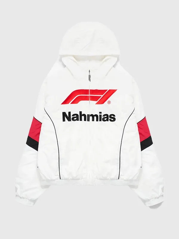 Nahmias x F1 Warm Up Race Jacket Jacket unisex front product view | Dash Racegear — Nahmias x Formula 1 white 2026 full-zip warm up jacket, sleek unisex racing-inspired streetwear for everyday and event wear