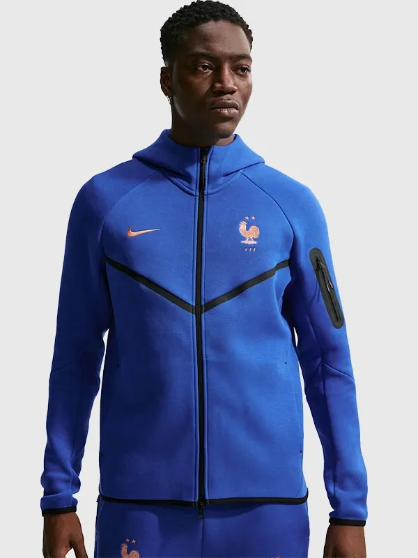 Nike France 2026 Tech Fleece Windunner Hoodie Hoodie unisex front product view | Dash Racegear — Unisex Nike France 2026 Tech Fleece full-zip hoodie in blue, perfect for training or casual wear.