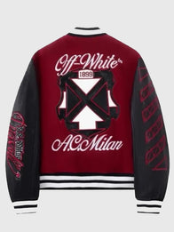 AC Milan x Off-White Ruben Loftus-Cheek Varsity Jacket Varsity Jacket unisex detail view 3 | Dash Racegear — Recreated AC Milan x Off-White Ruben Loftus-Cheek maroon varsity jacket featuring a classic collegiate silhouette and premium detailing