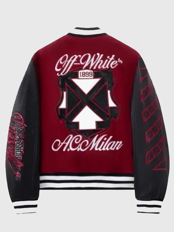 AC Milan x Off-White Ruben Loftus-Cheek Varsity Jacket Varsity Jacket unisex detail view 3 | Dash Racegear — Recreated AC Milan x Off-White Ruben Loftus-Cheek maroon varsity jacket featuring a classic collegiate silhouette and premium detailing