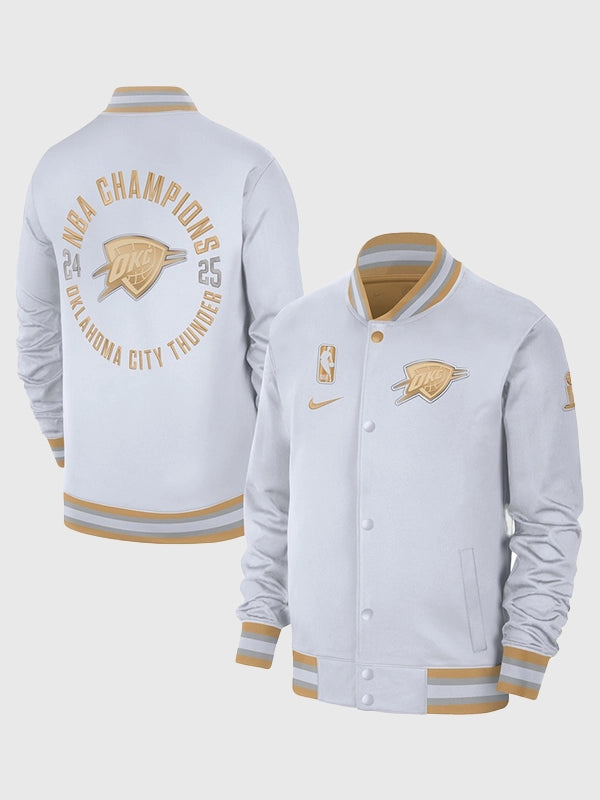 Oklahoma City Thunder 2025 Finals Champions Banner Raising Ceremony Jacket Jacket unisex detail view 12 | Dash Racegear — Oklahoma City Thunder 2025 Champions bomber jacket by Nike with rib-knit details.
