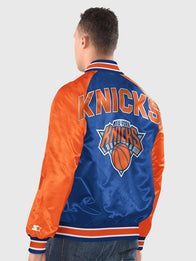 New York Knicks Starter Inductee Varsity Jacket Varsity Jacket unisex detail view 2 | Dash Racegear — Blue Orange New York Knicks Starter Inductee Satin Full Snap Raglan Varsity Jacket with premium team spirit