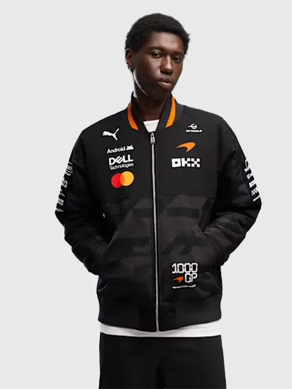 Puma Mclaren RACING 1000th Grand Prix Bomber Jacket Bomber Jacket unisex detail view 3 | Dash Racegear — Puma McLaren 2026 bomber jacket black, unisex motorsport streetwear for everyday casual style.