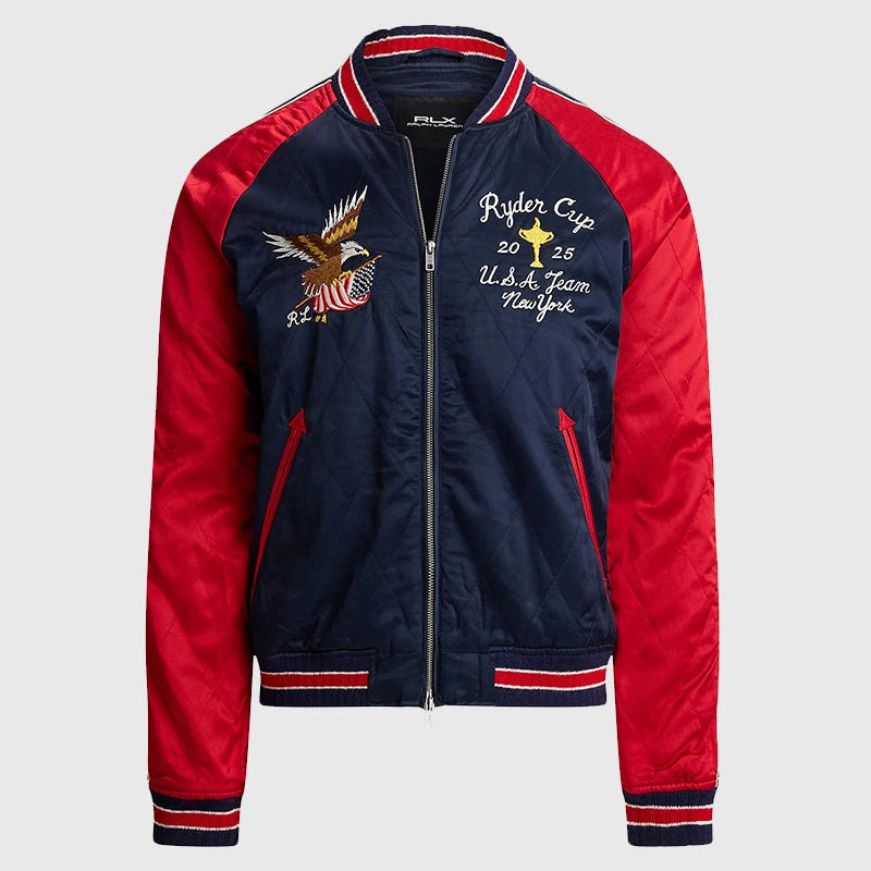 Ralph Lauren US Ryder Cup Map Jacket Jacket unisex front product view | Dash Racegear — front image of red and blue Unisex Red and Navy Ryder Cup Bomber Jacket