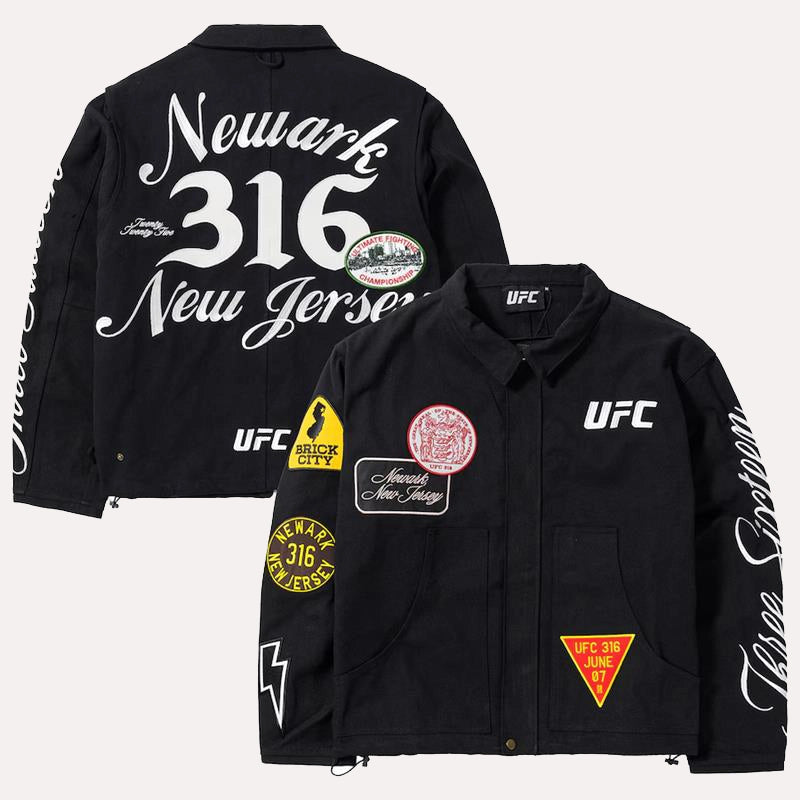 UFC 316 Patchwork Full-Zip Canvas Jacket Jacket unisex front product view | Dash Racegear — ufc 316 patchwork full-zip canvas jacket