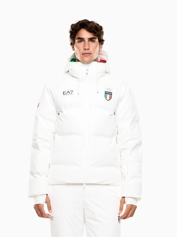 Sergio Mattarella 2026 Winter Olympics Team Italy Jacket Jacket unisex detail view 3 | Dash Racegear — Milano Cortina 2026 EA7 Emporio Armani white puffer, parachute-style jacket for Team Italy, perfect for chilly adventures.