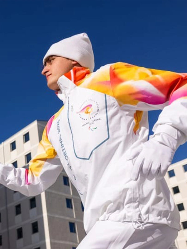 Milano Cortina 2026 Olympics Torchbearers Jacket Jacket unisex detail view 2 | Dash Racegear — Recreation torchbearer-inspired white hooded jacket reflecting Milano Cortina 2026 winter sport style