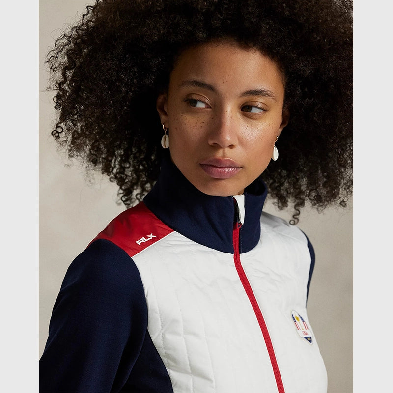 Ralph Lauren U.S. Ryder Cup Hybrid Quilted Jacket Jacket unisex detail view 3 | Dash Racegear — side image of Unisex White and Navy Ryder Cup Fleece Wear