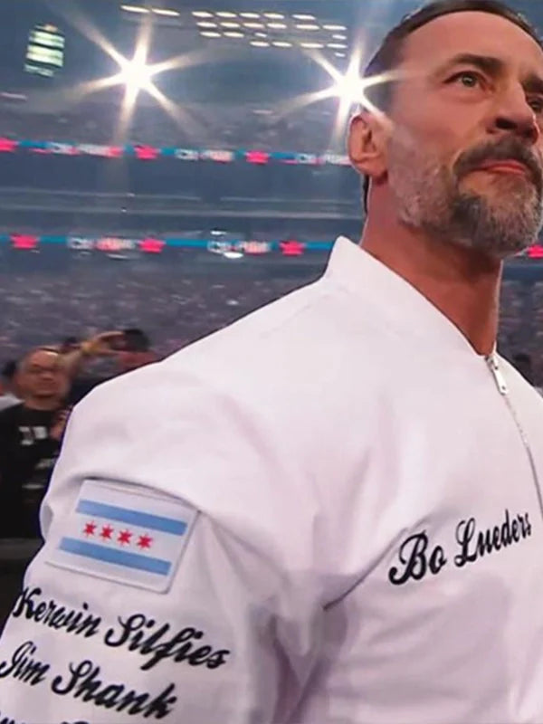 WrestleMania 42 CM Punk Jacket Jacket unisex detail view 5 | Dash Racegear — CM Punk 2026 white zip bomber jacket, WrestleMania 42 edition with clean athletic wrestling fashion vibe.