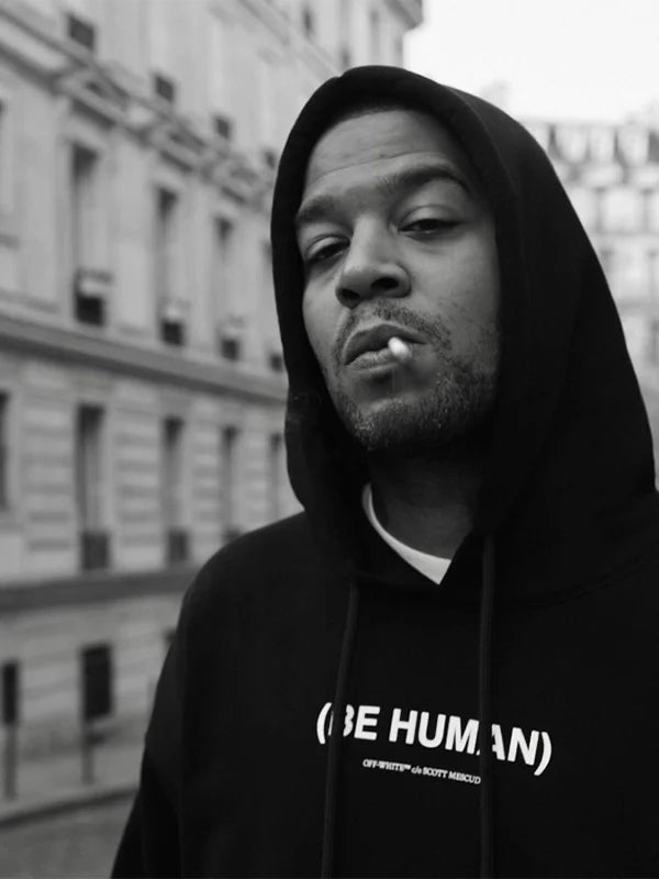 Off White x Kid Cudi Be Human Hoodie Hoodie unisex front product view | Dash Racegear — Off White x Kid Cudi 2026 Be Human black fleece pullover hoodie with bold graphic for casual streetwear.