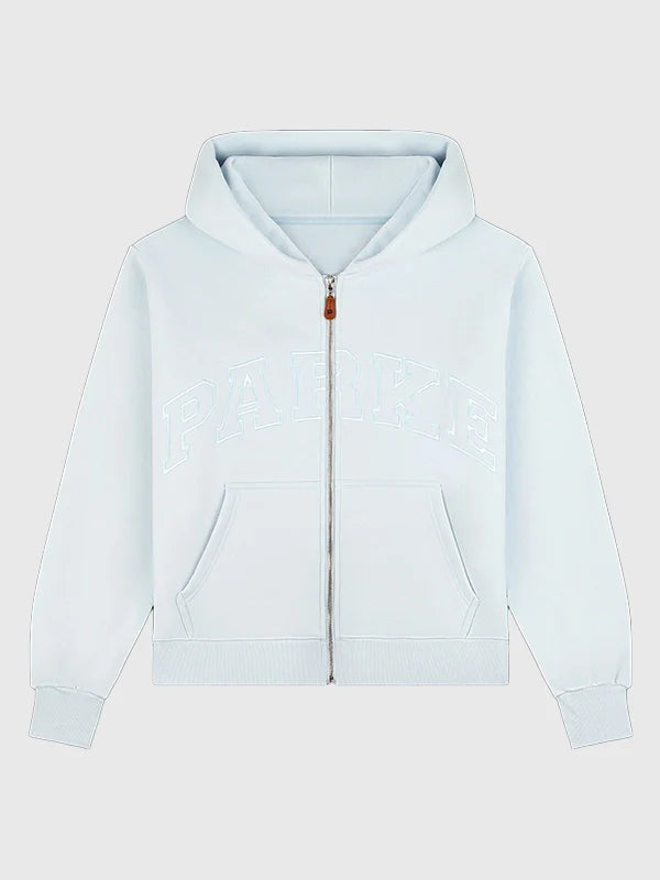 Parke Monochrome Varsity Zip Up Hoodie Hoodie unisex detail view 2 | Dash Racegear — Parke Monochrome 2026 Light Blue Varsity Hoodie, cozy fleece, zip-up style, ideal for relaxed street fashion.