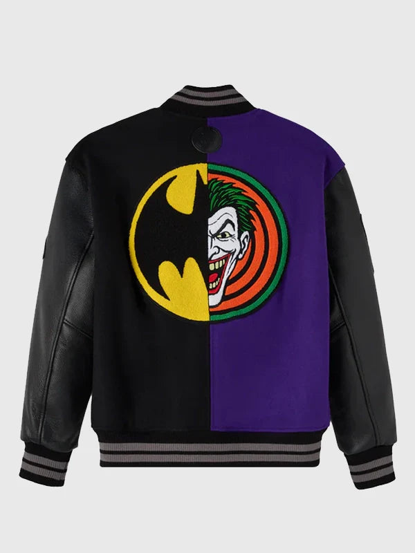 OVO Batman x The Joker Split Varsity Jacket Varsity Jacket unisex detail view 2 | Dash Racegear — OVO 2026 varsity jacket with black & purple split design, Batman x Joker inspired for street style.