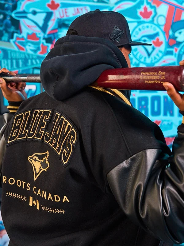 Roots Blue Jays 50th Anniversary Varsity Jacket Varsity Jacket unisex detail view 2 | Dash Racegear — Black Roots varsity jacket celebrating Toronto Blue Jays 50th anniversary, ideal for casual outings.