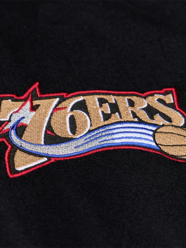 Allen Iverson 76ers x Mitchell & Ness Varsity Jacket Varsity Jacket unisex detail view 4 | Dash Racegear — Mitchell & Ness 76ers black varsity jacket featuring Allen Iverson, great for stylish streetwear.