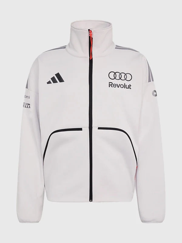 Adidas x Audi Revolut F1 Engineers &amp; Marketing Track Jacket Jacket unisex front product view | Dash Racegear — White Adidas x Audi Revolut F1 Engineers & Marketing fleece track jacket with sleek branding for motorsport fans.