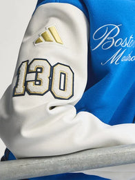 Adidas Boston Marathon 26 Varsity Jacket Varsity Jacket unisex detail view 6 | Dash Racegear — Adidas Boston Marathon 26 unisex jacket in wool with bold blue and white colors, great for casual street style.