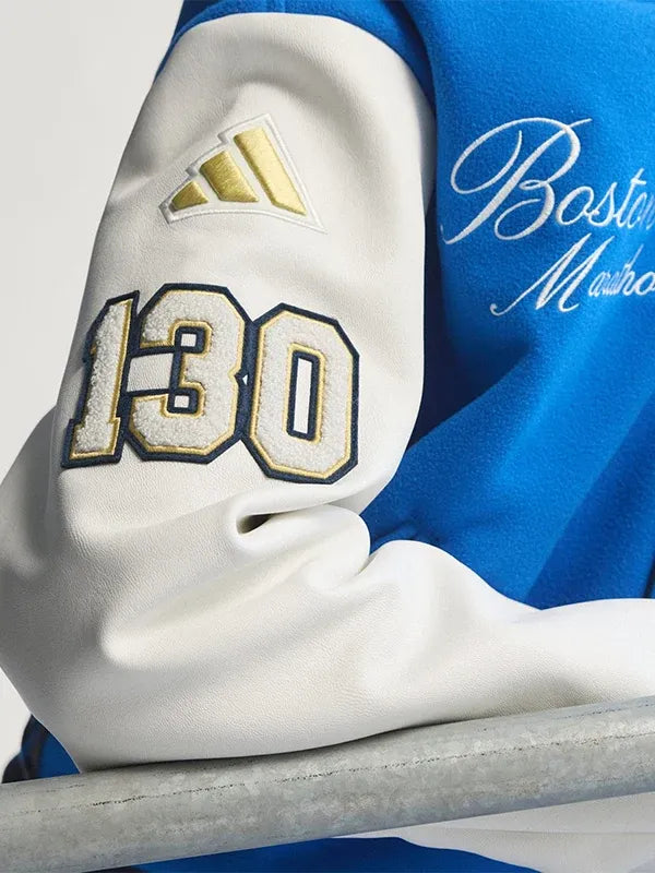Adidas Boston Marathon 26 Varsity Jacket Varsity Jacket unisex detail view 6 | Dash Racegear — Adidas Boston Marathon 26 unisex jacket in wool with bold blue and white colors, great for casual street style.