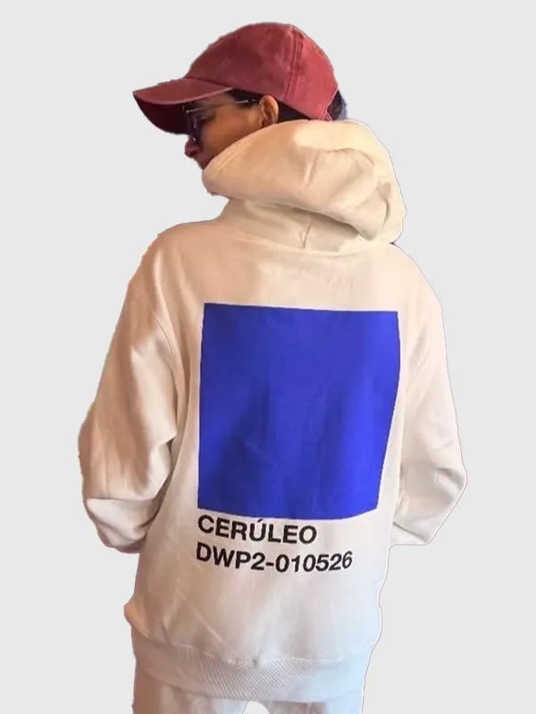 Anne Hathaway Cerulean Hoodie Hoodie unisex detail view 2 | Dash Racegear — Beige Devil Wears Prada 2 Anne Hathaway hoodie with cerulean blue detail, soft pullover for everyday relaxed outfits.