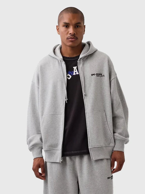 Gap x Awake NY Grey Hoodie Hoodie unisex front product view | Dash Racegear — Grey Gap × Awake NY 2026 oversized fleece hoodie with zip closure and standout logo print.
