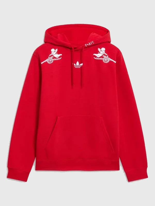 Arsenal Adidas x Places+Faces Hoodie Hoodie unisex front product view | Dash Racegear — Arsenal Adidas x Places + Faces 2025/26 red pullover fleece hoodie, perfect for fans and casual streetwear.