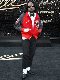 Michael 2026 Premiere Wale Jacket Jacket unisex front product view | Dash Racegear — Michael Jackson MM varsity jacket 2026 premiere event, red and black design inspired by rapper Wale fashion look.