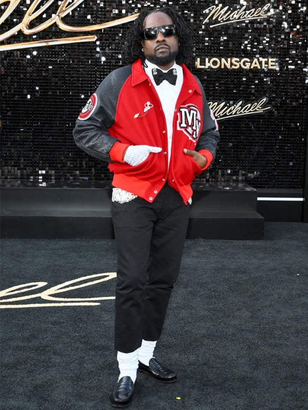 Michael 2026 Premiere Wale Jacket Jacket unisex front product view | Dash Racegear — Michael Jackson MM varsity jacket 2026 premiere event, red and black design inspired by rapper Wale fashion look.