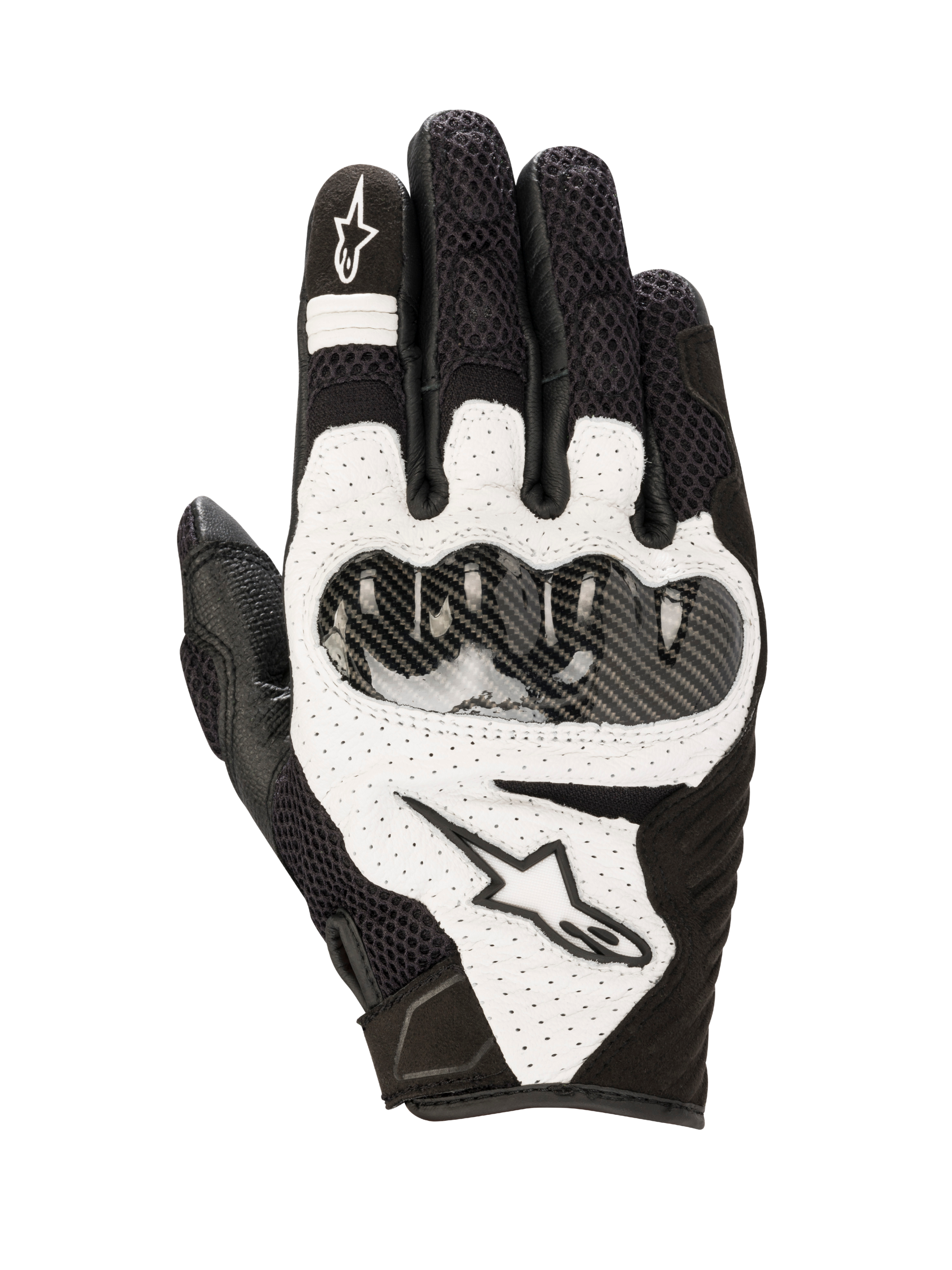 Alpinestars SMX-1 Air V2 Gloves, Black and White leather motorcycle sport gloves with mesh and hard knuckle protection.