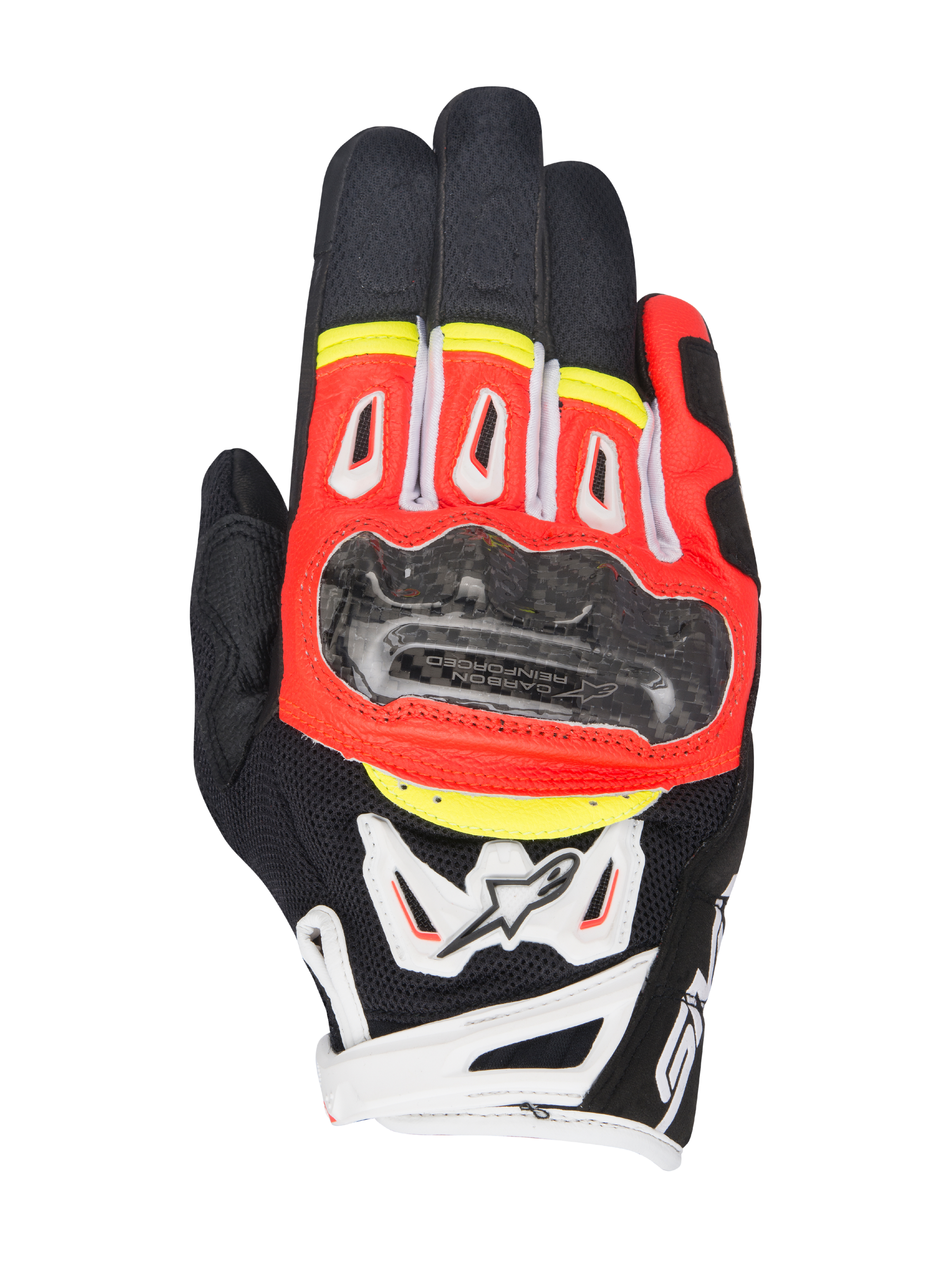 Alpinestars SMX-2 Air Carbon V2 Gloves, Short-Cuff Motorcycle Gloves, Black with Red Fluorescent, White and Yellow accents, featuring a carbon fiber knuckle guard, 3D mesh panels for ventilation, and leather construction, sporty road riding design