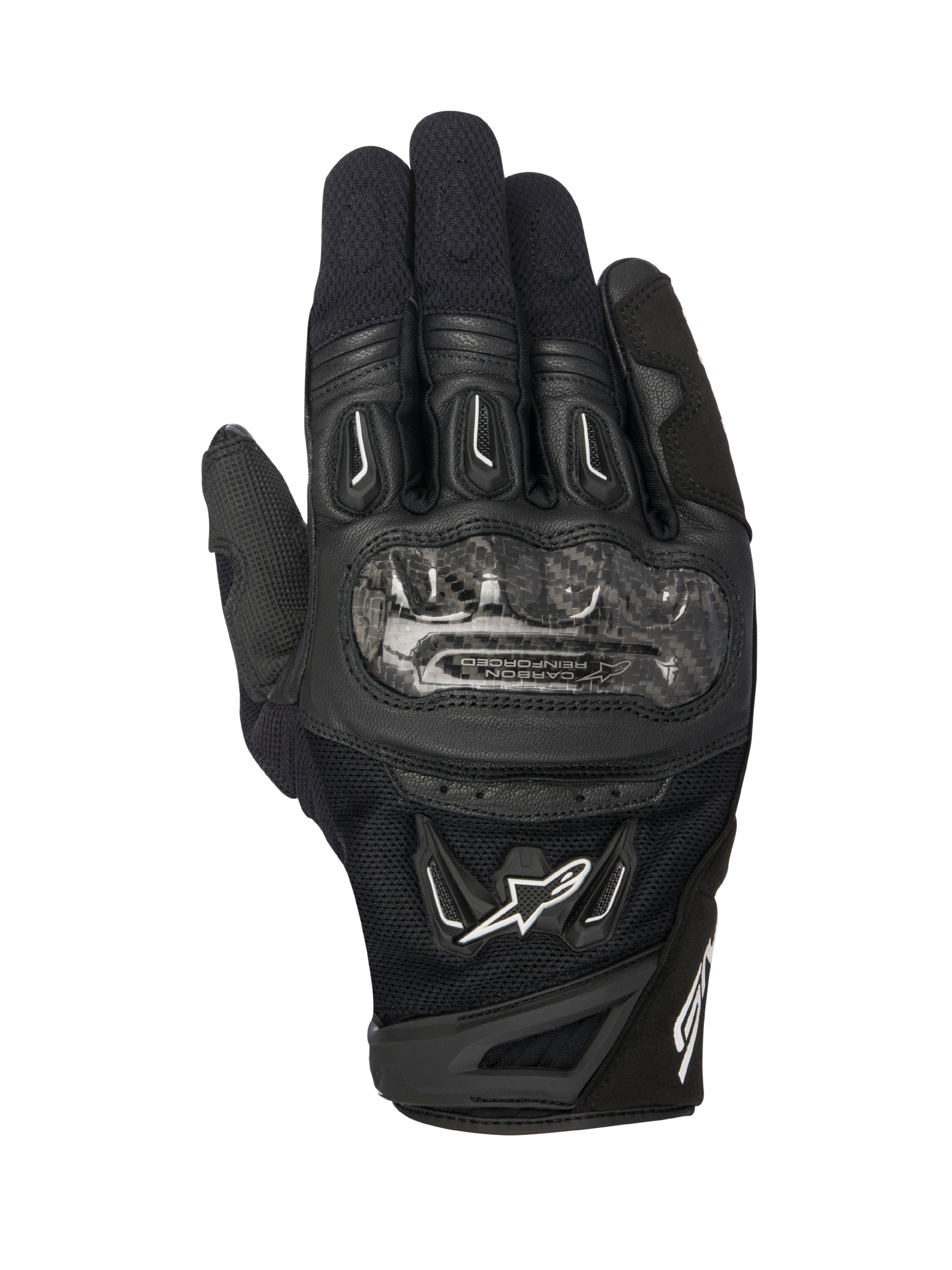 Alpinestars SMX-2 Air Carbon V2 Gloves, Black motorcycle gloves, top view showing carbon fiber knuckle guards, breathable 3D mesh and leather panels, white Alpinestars logo, and short-cuff design