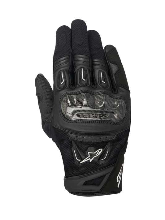 Alpinestars SMX-2 Air Carbon V2 Gloves, Black motorcycle gloves, top view showing carbon fiber knuckle guards, breathable 3D mesh and leather panels, white Alpinestars logo, and short-cuff design