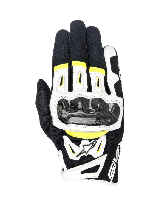 Alpinestars SMX-2 Air Carbon V2 Gloves, Motorcycle Gloves, Black White and Yellow Fluo, featuring carbon fiber knuckle guards, 3D mesh and leather construction, sporty road gear with fluorescent accents