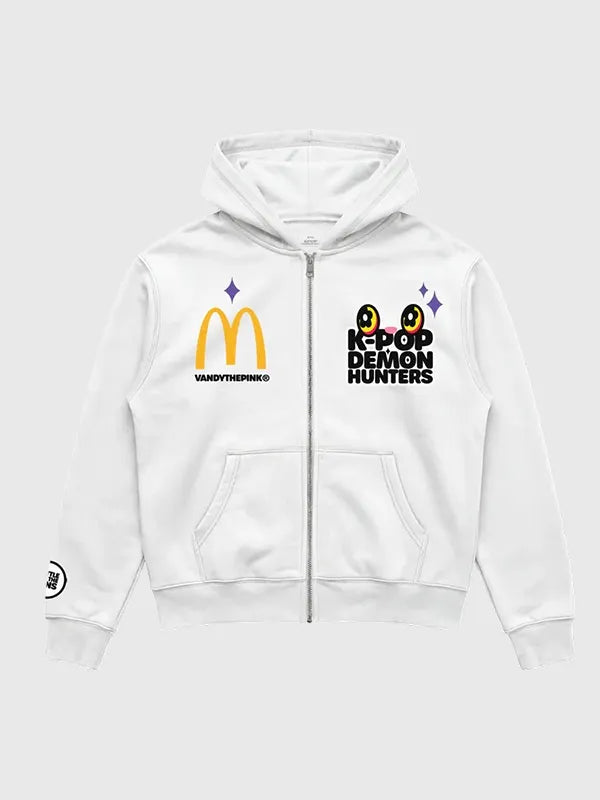 Vandy The Pink x McDonald’s Logo Full Zip Hoodie Hoodie unisex front product view | Dash Racegear — Vandy The Pink x Netflix KPop Demon Hunters logo zip hoodie, perfect for bold streetwear.