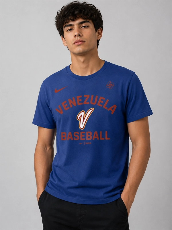 Venezuela 2026 World Baseball Classic T-Shirt Shirt unisex detail view 5 | Dash Racegear — Blue Nike baseball T-Shirt for Venezuela supporters with World Classic references, bold chest marks, and sporty charm