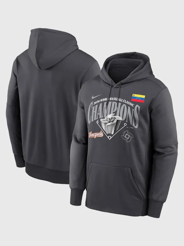 Venezuela 2026 World Baseball Classic Champions Hoodie Hoodie unisex front product view | Dash Racegear — Charcoal grey Venezuela 2026 World Baseball Classic champions hoodie by Nike for game day comfort.