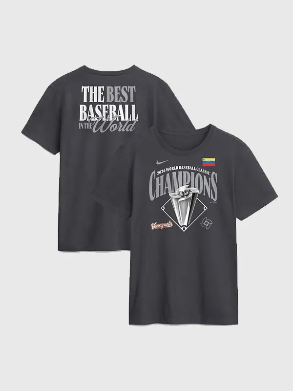 Venezuela 2026 World Baseball Classic Champions T-Shirt Shirt unisex front product view | Dash Racegear — Venezuela Nike 2026 World Baseball Classic champions locker room T-shirt in charcoal, perfect for proud fans.